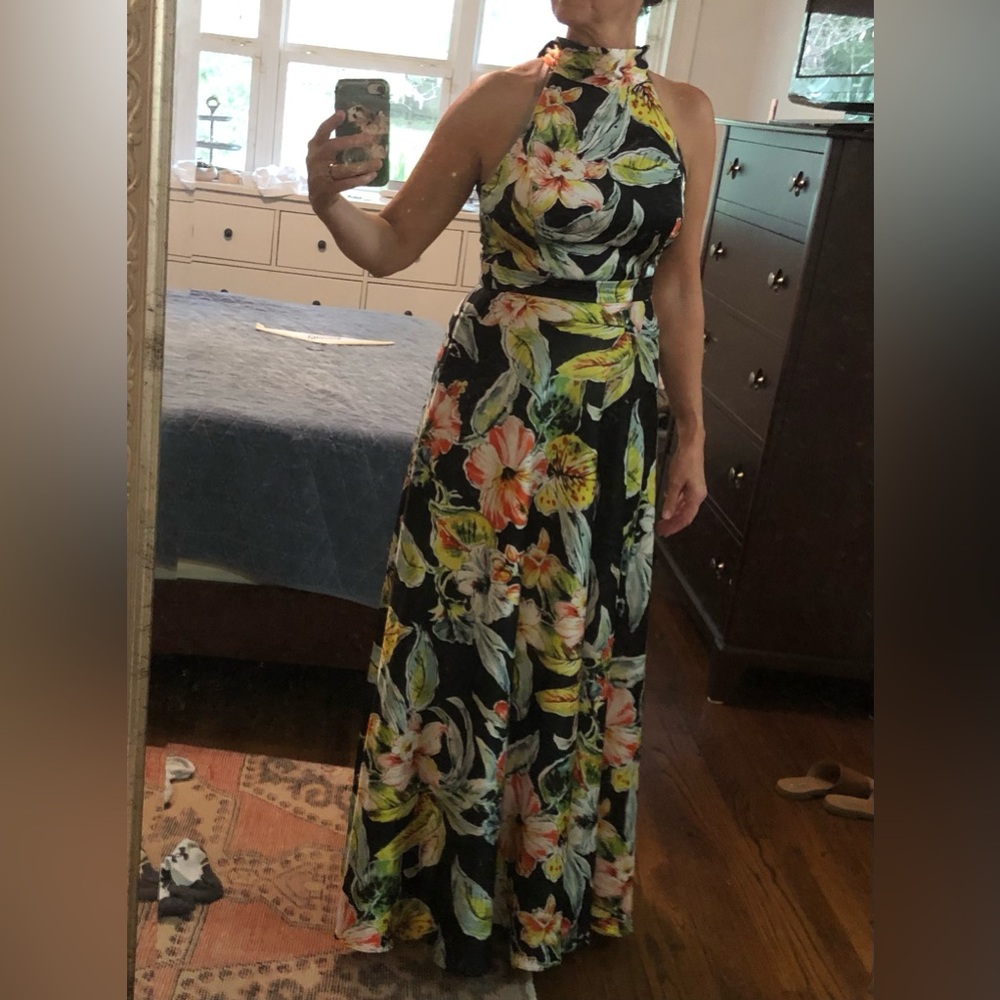 Long black tropical print Nicole Miller satin ball gown SS 2